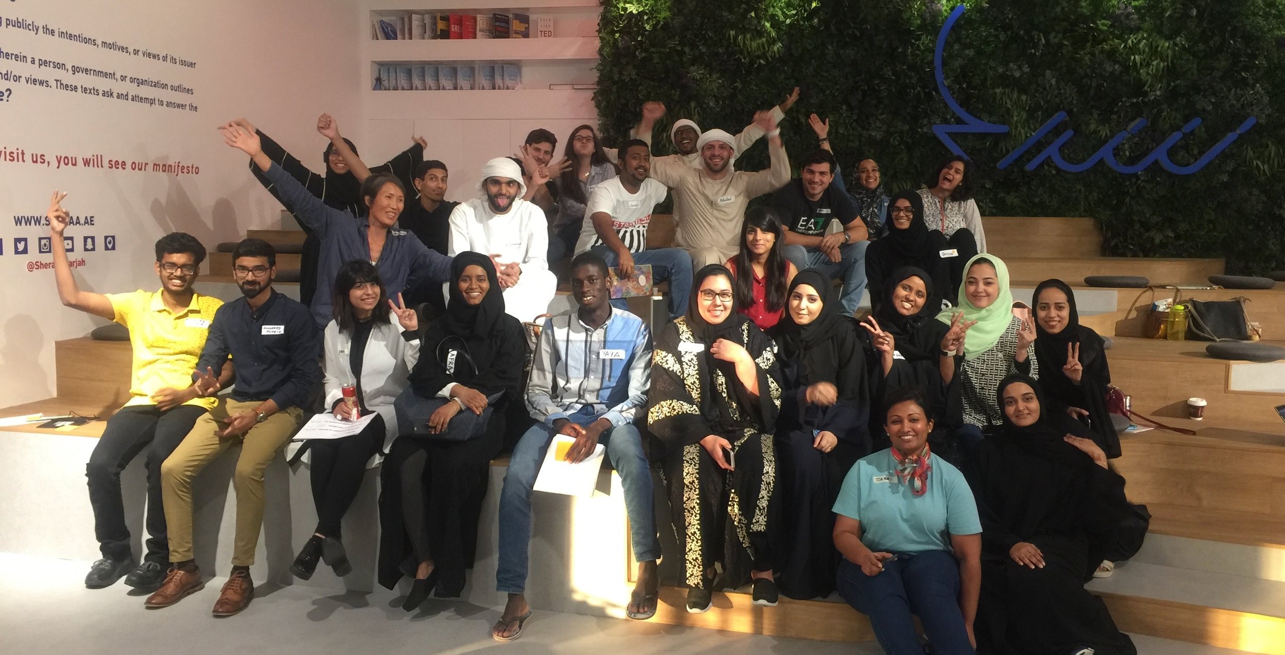 The full cohort of 38 young participants and facilitators at Sheraa, Sharjah