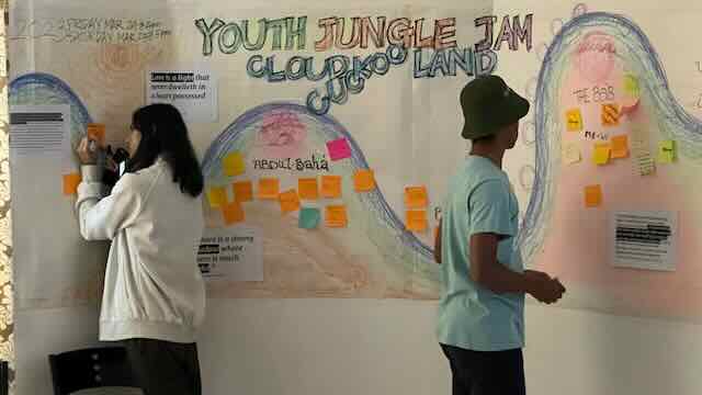 Two young people adding notes to the hand-drawn 'Youth Jungle Jam — Cloud Cuckoo Land' wall