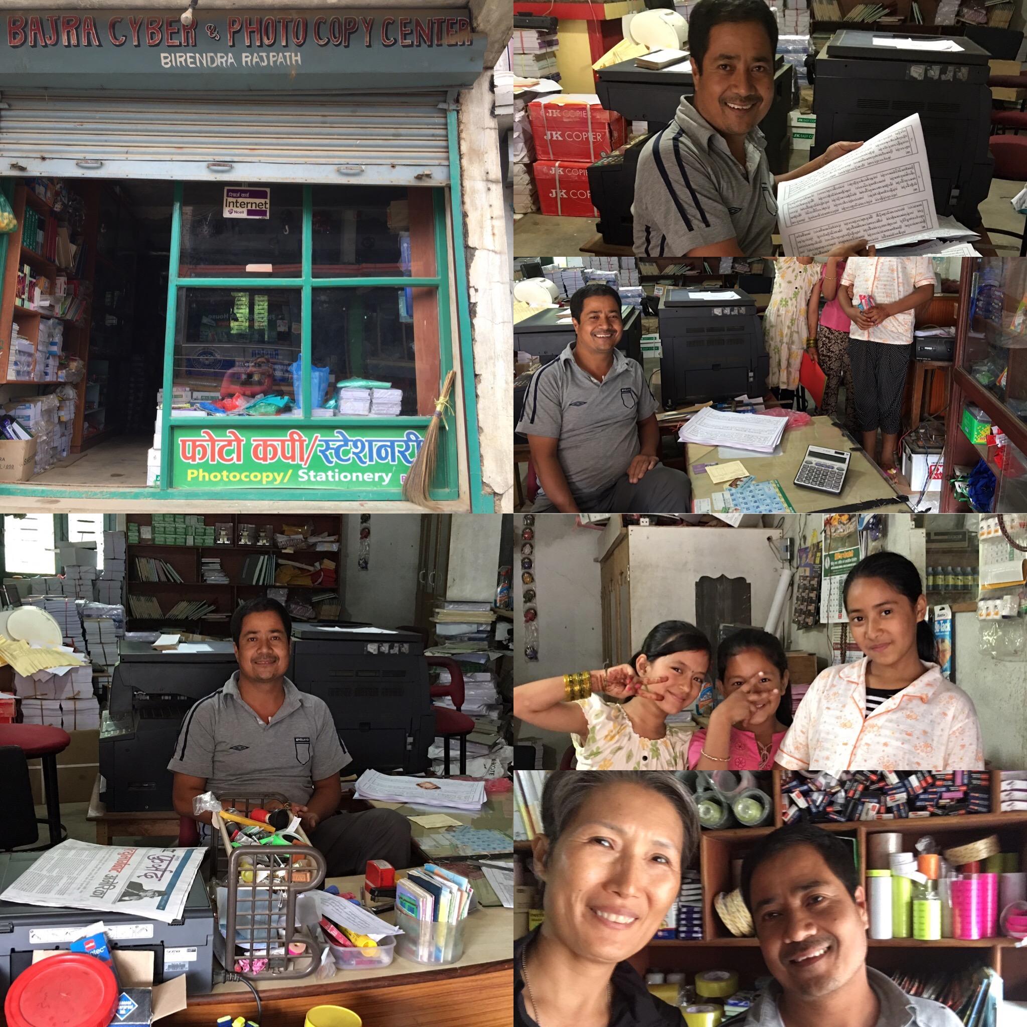 Bajra Cyber & Photo Copy Center in Parphing — Shahadev at the counter, the shopfront, and the children who come in